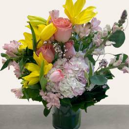 Yellow Lilies Tulips Hydrangea Modern Spring Garden Arrangement
