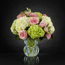 Pink roses and green hydrangeas in a clear glass vase