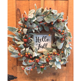 Fall wreath with berries and a "Hello Fall" sign