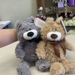 Two plush teddy bears sitting side by side on a counter.