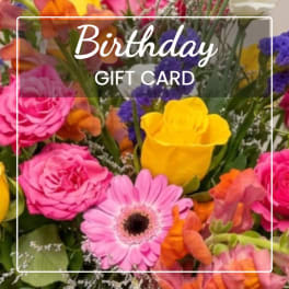 Colorful mixed flower bouquet with birthday gift card text overlay