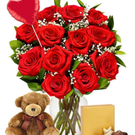 One Dozen Red Roses + Heart Balloon + Chocolate + Bear
