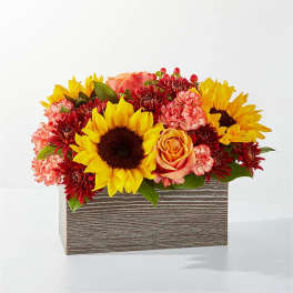 Sunflowers, roses, and carnations in a rectangular wooden box