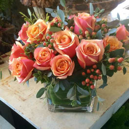 Low arrangement of peach and pink roses in a clear glass cube vase