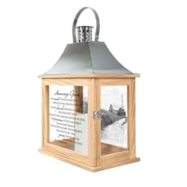 Wood and metal memorial lantern with Amazing Grace text on glass panel