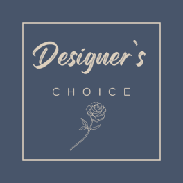 Blue square graphic with the words Designer's Choice and a simple rose illustration