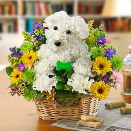 White teddy bear in a basket surrounded by colorful flowers