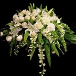 White floral casket spray with cascading greenery