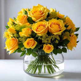 Yellow roses arranged in a clear glass vase