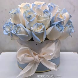 White roses with pale blue edges arranged in a round box with a satin bow.
