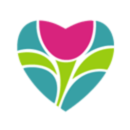 Colorful floral heart logo on a green background