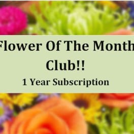 Flower of the Month Club subscription card over a blurred floral background