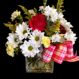 Bouquet of white daisies and red carnations in a glass vase with plaid ribbon
