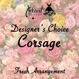 Floral collage with pink and white roses and the text "Designer’s Choice Corsage"