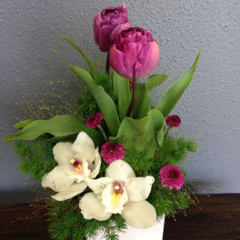 Purple tulips and white orchids in a white vase