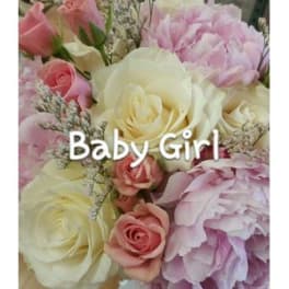 Pink and white roses with pale pink peonies and text reading Baby Girl