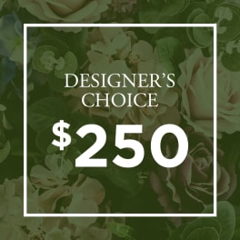 Designer’s choice floral arrangement graphic with $250 price text