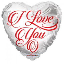 Heart-shaped silver balloon with red "I Love You" text