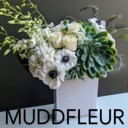 White Moderna Gift Arrangement with "Best of Market" Flowers
