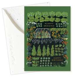 Green birthday card with a garden illustration and the words "Always Growing"