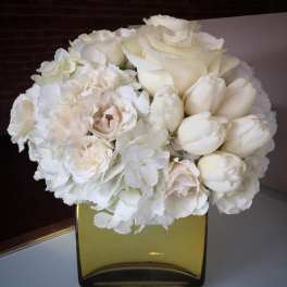 White rose and tulip bouquet in a square glass vase