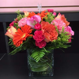 Bright Mixed Bouquet in a Cube Vase