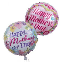 Two Mother's Day balloons with floral patterns and pink lettering