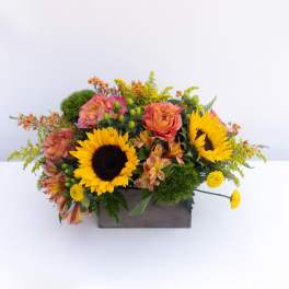Sunflowers and peach roses in a rectangular box