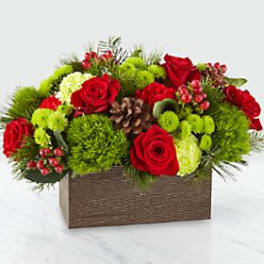 Red roses and green mums in a rectangular box arrangement