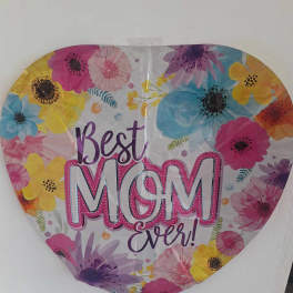 Heart-shaped balloon with floral print and "Best Mom Ever" text