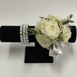 White Spray Rose Corsage with Pearl Wristlet