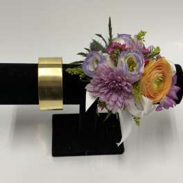 COLORFUL ENGLISH GARDEN CORSAGE WITH GOLD CUFF WRISTLET