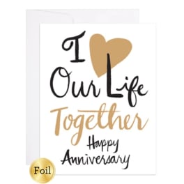 Anniversary card with gold heart and black lettering