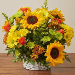 Basket arrangement of sunflowers, yellow mums, and orange roses