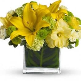 Yellow lilies and white flowers in a square glass vase