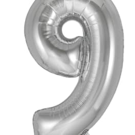 Silver foil balloon shaped like the number 9