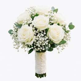 White rose bouquet with baby's breath and a wrapped handle