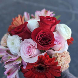 Handheld bouquet of red, pink, and white flowers