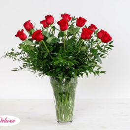 Red roses arranged in a clear glass vase