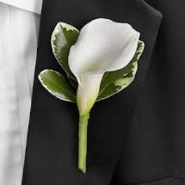 White calla lily boutonniere with green leaves on a black jacket