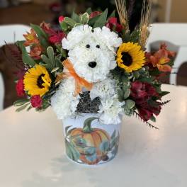 White floral dog arrangement in a pumpkin-decorated container with sunflowers