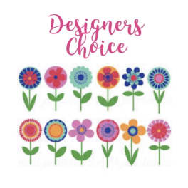 Graphic with colorful stylized flowers and the words "Designers Choice"
