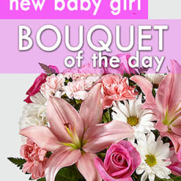 Pink and white bouquet with lilies, roses, carnations, and daisies