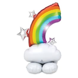 Rainbow balloon with silver stars sitting on a white cloud base