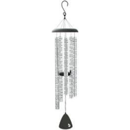 Hanging metal wind chime with long silver tubes and a black top and clapper
