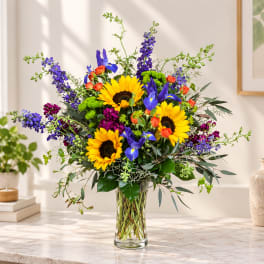 Bouquet of sunflowers, purple irises, and mixed blooms in a clear glass vase