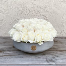 White roses arranged in a low gray bowl with a gold accent
