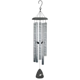Metal wind chime with silver tubes and a black hanging clapper