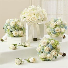 White rose bouquets with pale blue hydrangeas and matching boutonnieres