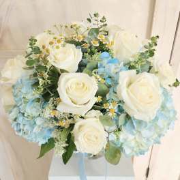 Bouquet of white roses and blue hydrangeas in a clear vase